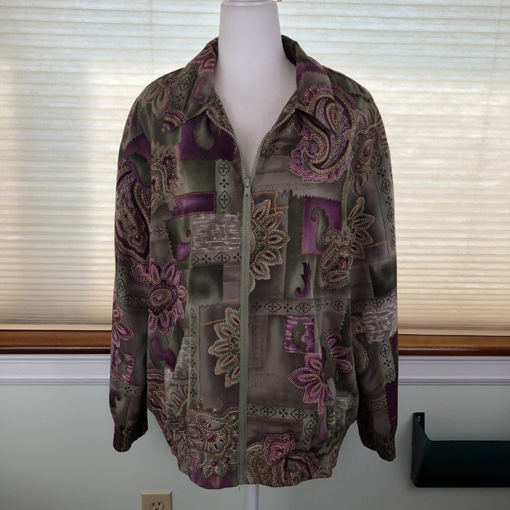 Alfred Dunner Vintage Floral & Paisley Green & Purple Front Zip Bomber Jacket